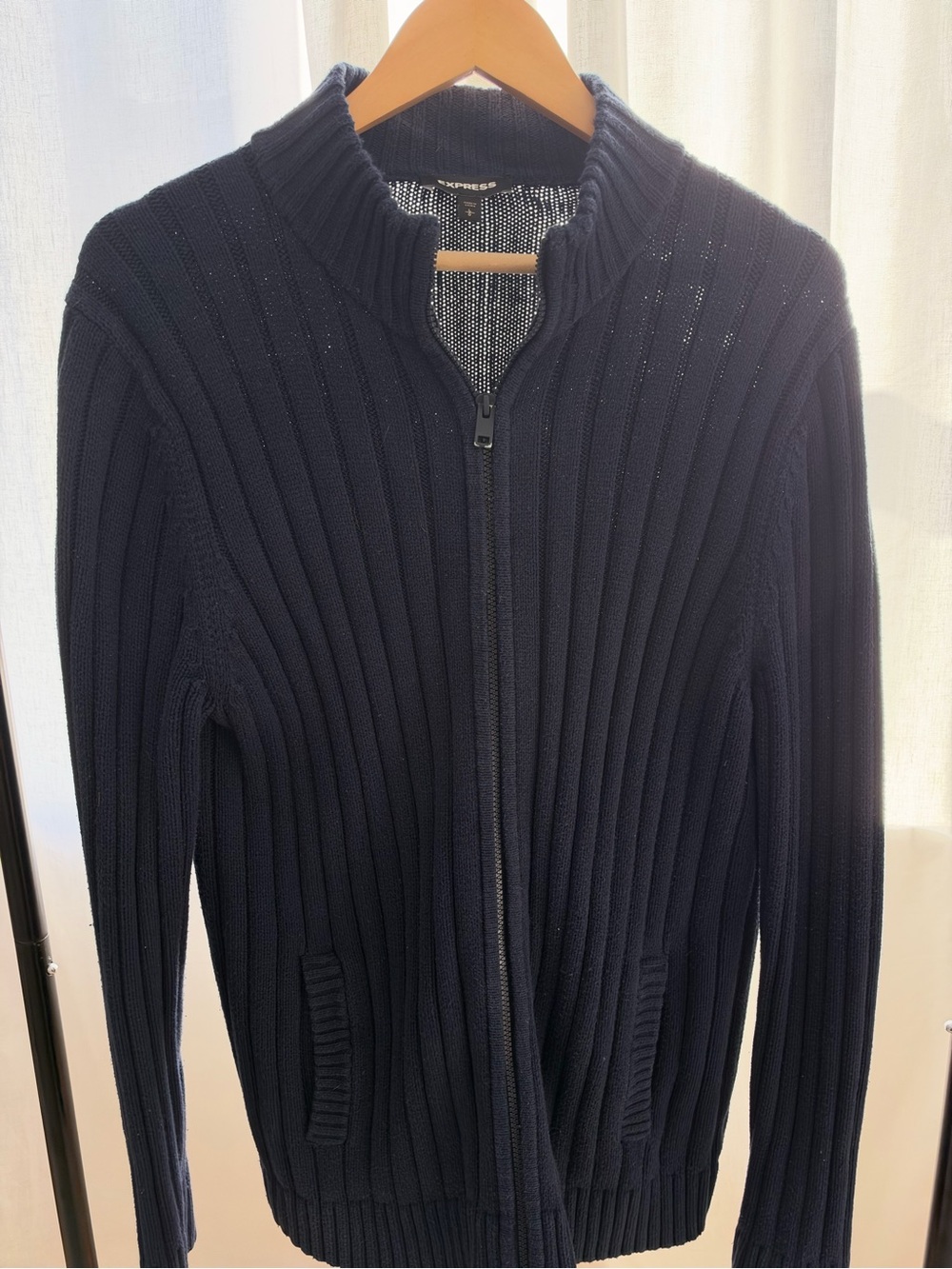 Express Men’s Navy Ribbed Full-Zip Sweater